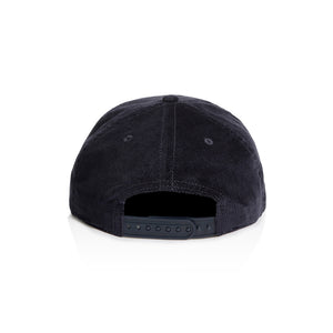 Back view of navy blue corduroy hat with snapback closure