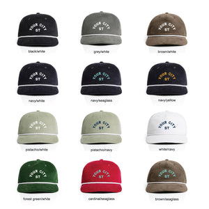 Collection of customizable corduroy snapback caps in various colors with 'Your City St' text.