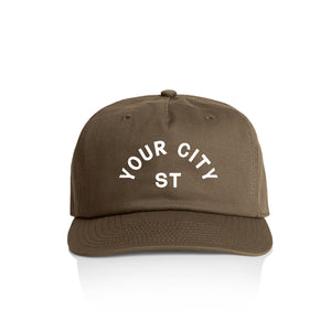 Customizable brown cap with 'YOUR CITY STATE' white text on a white background