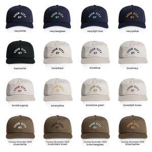Collection of customizable baseball caps in various colors with 'YOUR CITY STATE' text.