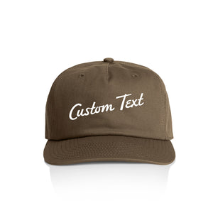 Customizable brown cap with 'Custom Text' in white on a white background