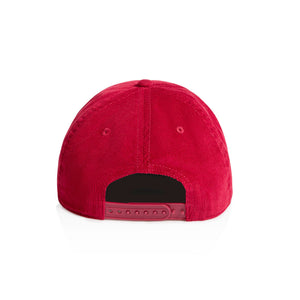 Back view of a red corduory cap on a white background