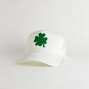 St. Patrick's Day 4 Leaf Clover Recycled Trucker Hat - snow